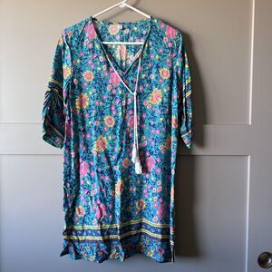 Halife‎ Dress Womens Medium Blue Pink Floral Boho Tunic 3/4 Sleeve Tassel Tie